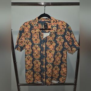 RVCA Men's Short Sleeve Button-Down Shirt Orange and Yellow Print 100% Cotton